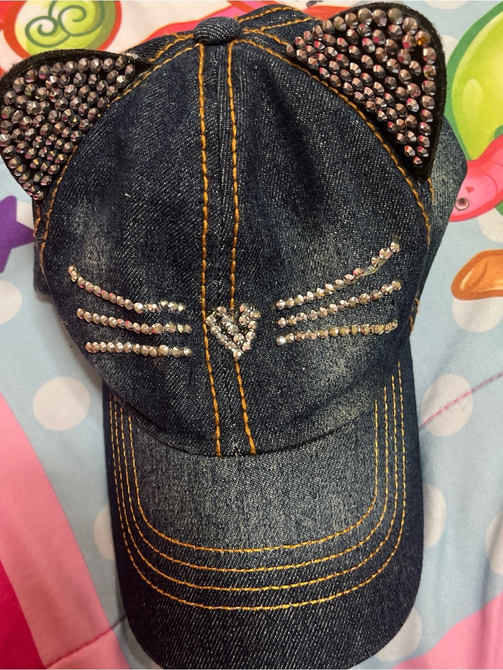 Denim Cat Ear Baseball Cap with Rhinestone Whiskers